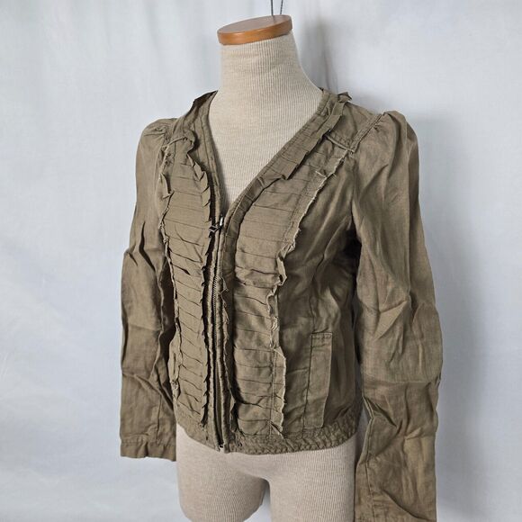 Hei Hei Anthropologie Jacket Women's 2 Olive Ruffles Zip Up Crop Pearl Buttons - Picture 10 of 10